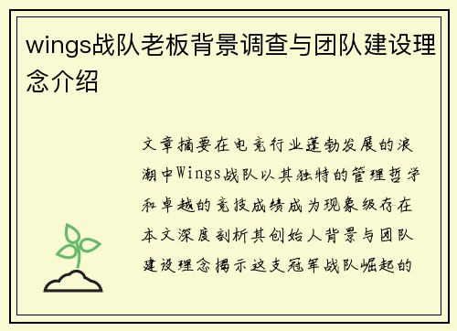 wings战队老板背景调查与团队建设理念介绍