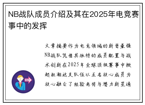 NB战队成员介绍及其在2025年电竞赛事中的发挥
